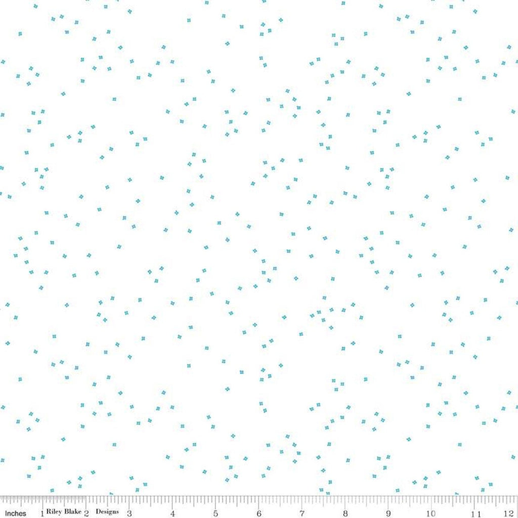 SALE Blossom on White Peacock by Riley Blake Designs - Blue Aqua on White - Quilting Cotton Fabric