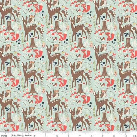 10" End of Bolt - CLEARANCE Woodland Spring Main Aqua - Riley Blake - Blue Outdoor Wildlife Deer Foxes Owls Birds  -  Quilting Cotton Fabric