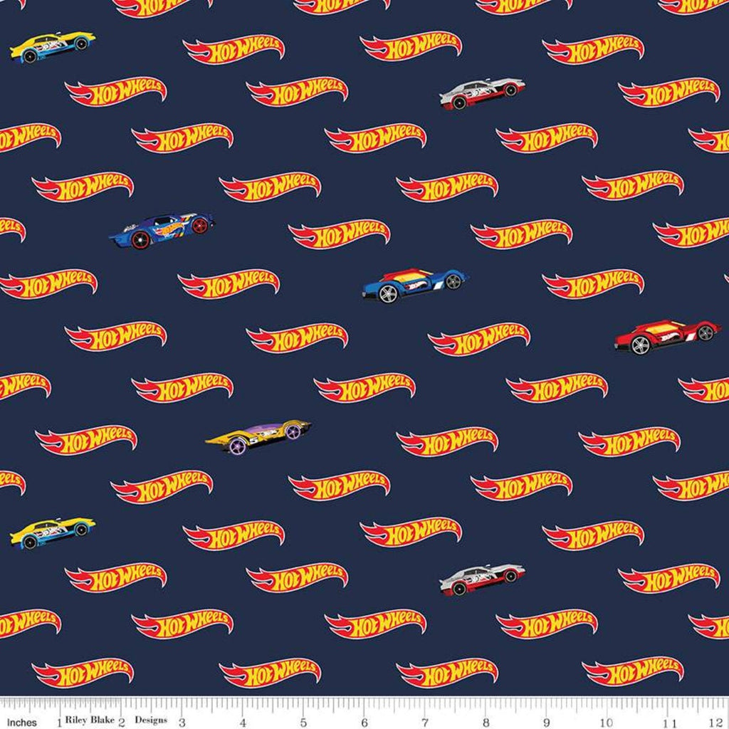 SALE Hot Wheels Logo Navy - Riley Blake Designs - Die-Cast Toy Race Cars Blue - Quilting Cotton Fabric -  LIcensed Product
