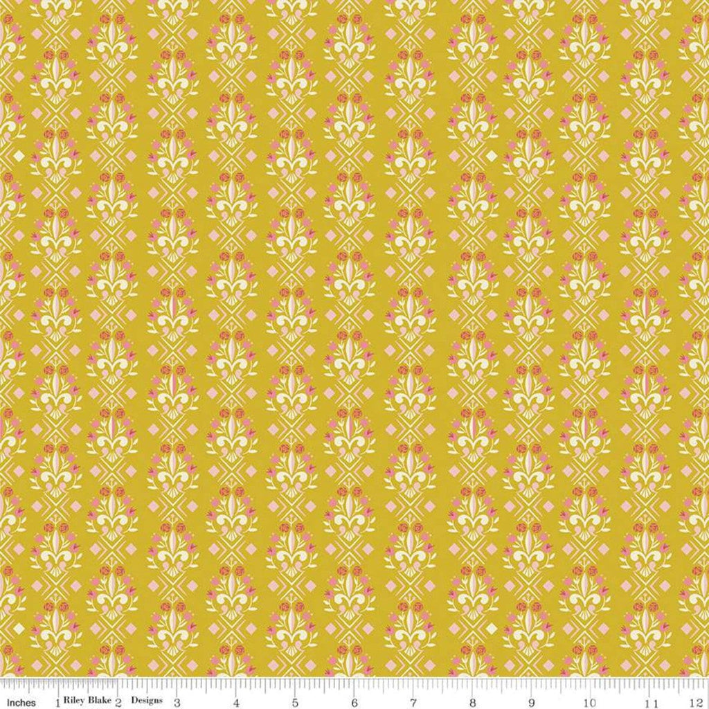 Beauty and the Beast Fleur-de-lis C9535 Gold - Riley Blake Designs - Fairy Tale Flowers Pink Cream Gold - Quilting Cotton Fabric