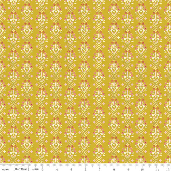 Beauty and the Beast Fleur-de-lis C9535 Gold - Riley Blake Designs - Fairy Tale Flowers Pink Cream Gold - Quilting Cotton Fabric