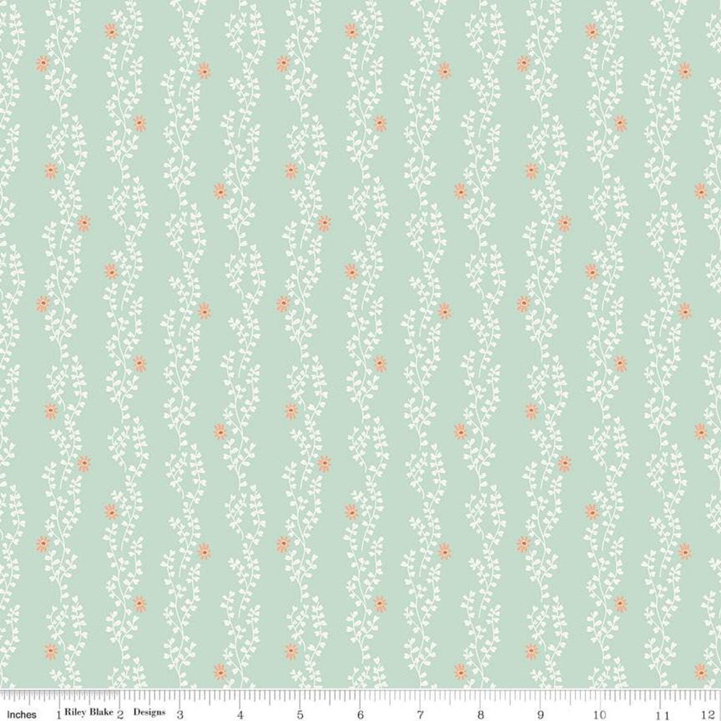 15" End of Bolt - SALE New Dawn Clover Stripe C9854 Mint - Riley Blake -Green Floral Flowers Leaves Striped Stripes - Quilting Cotton Fabric