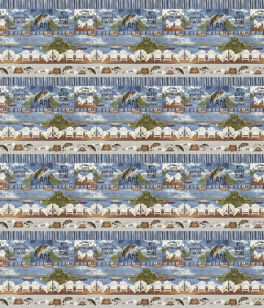 CLEARANCE 23" End of Bolt - At the Lake Border Stripe C10555 Blue - Riley Blake Designs - Posters Chairs Fish Fishing Gear - Quilting Cotton