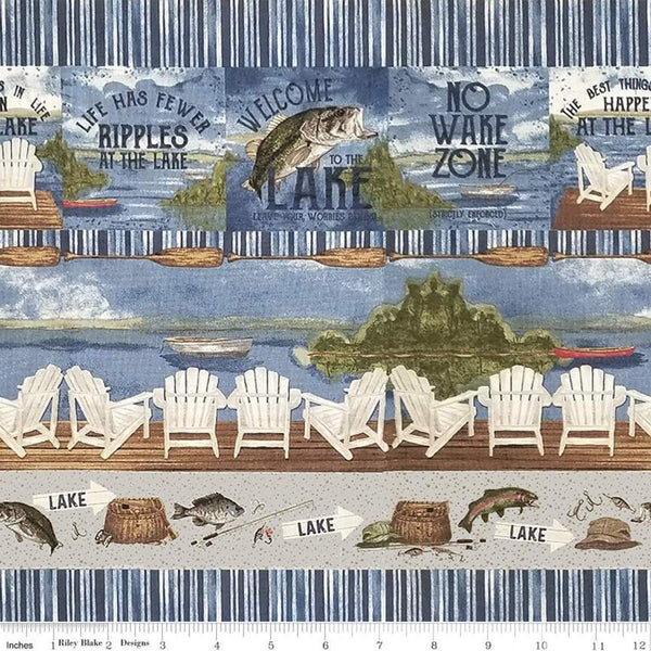 CLEARANCE 21" End of Bolt - At the Lake Border Stripe C10555 Blue - Riley Blake Designs - Posters Chairs Fish Fishing Gear - Quilting Cotton