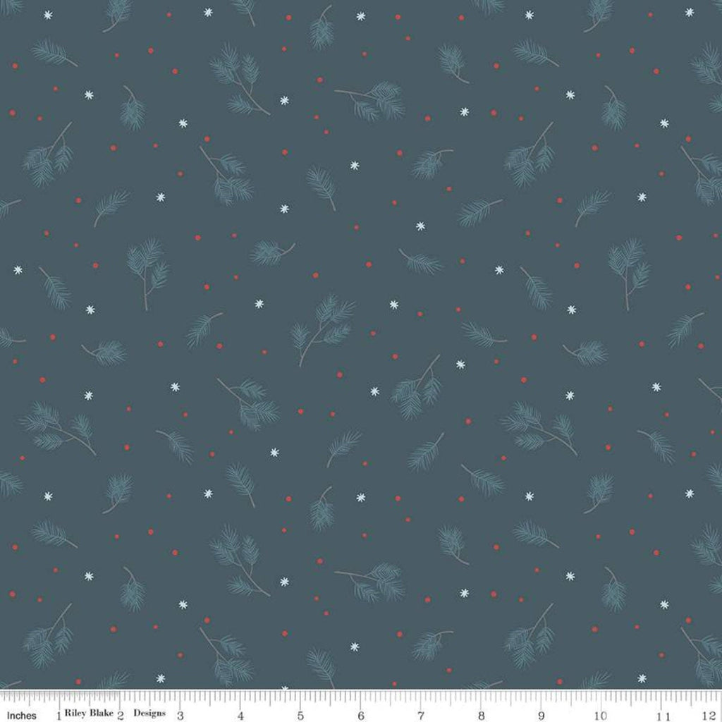 17" End of Bolt - SALE Winterland Spruce C10711 Midnight - Riley Blake Designs - Pine Sprigs Snowflakes Dots Blue  - Quilting Cotton Fabric