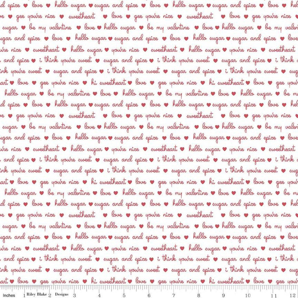 SALE Sugar and Spice Endearments C11413 White - Riley Blake Designs - Valentine's Red Hearts Text Words on White - Quilting Cotton Fabric