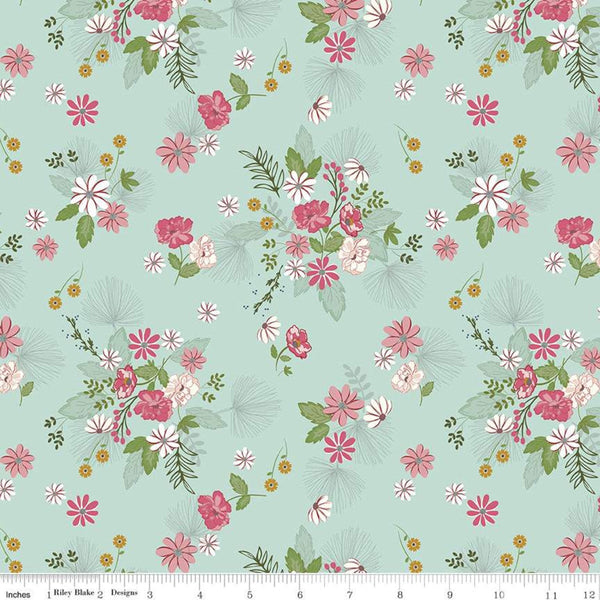 CLEARANCE - Fat Quarter End of Bolt - Enchanted Meadow Main C11550 Songbird - Riley Blake - Flowers Blue Green - Quilting Cotton Fabric