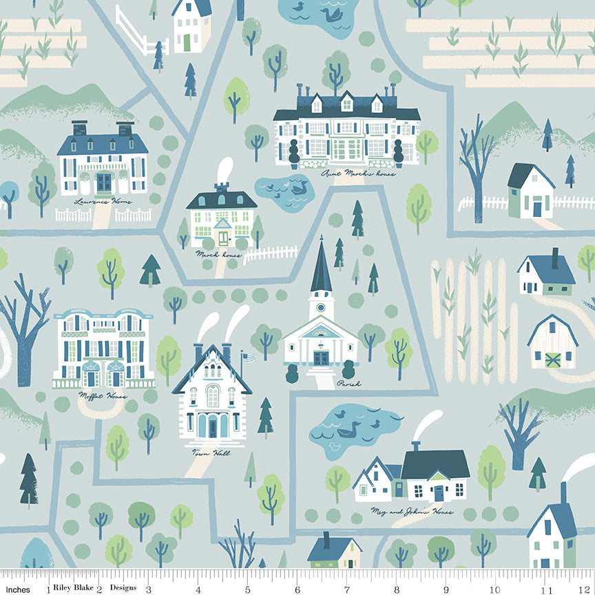 Fat Quarter End of Bolt - SALE Little Women Map C11872 Dusk - Riley Blake - Houses Buildings Roads Trees  - Quilting Cotton Fabric