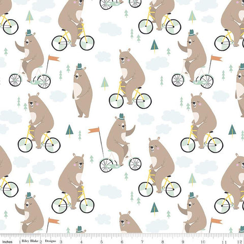 25" End of Bolt - SALE FLANNEL Bear on a Bike F12002 Cloud - Riley Blake - Children's Bears Bicycles Clouds Trees - FLANNEL Cotton Fabric
