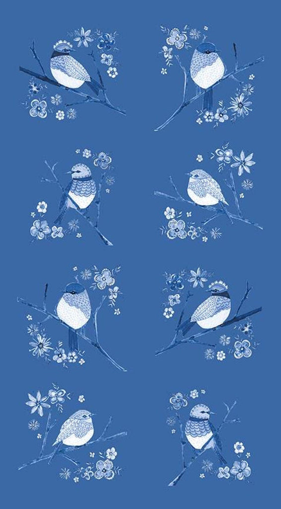 CLEARANCE Sunshine and Dewdrops Birds Panel P11978 Blue by Riley Blake - Bird Branches Flowers - Quilting Cotton Fabric