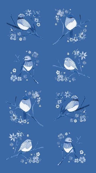CLEARANCE Sunshine and Dewdrops Birds Panel P11978 Blue by Riley Blake - Bird Branches Flowers - Quilting Cotton Fabric