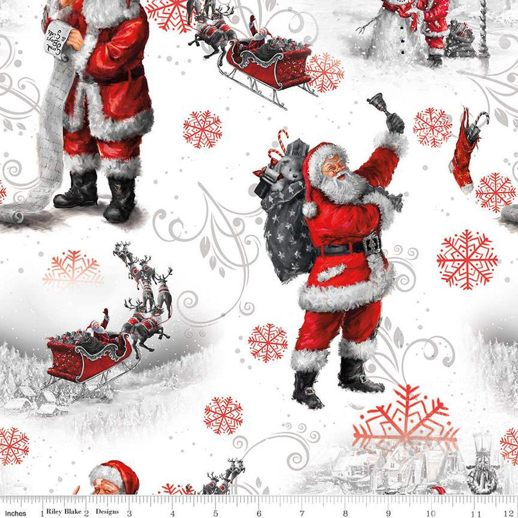 15" End of Bolt - SALE Picture a Christmas Santa CD12370 White - Riley Blake - DIGITALLY PRINTED Sleigh Reindeer  - Quilting Cotton Fabric
