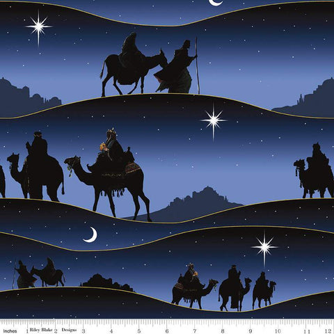 11" end of Bolt - Picture a Christmas Stripe CD12379 Navy - Riley Blake - DIGITALLY PRINTED Curved Stripe Star Blue - Quilting Cotton Fabric