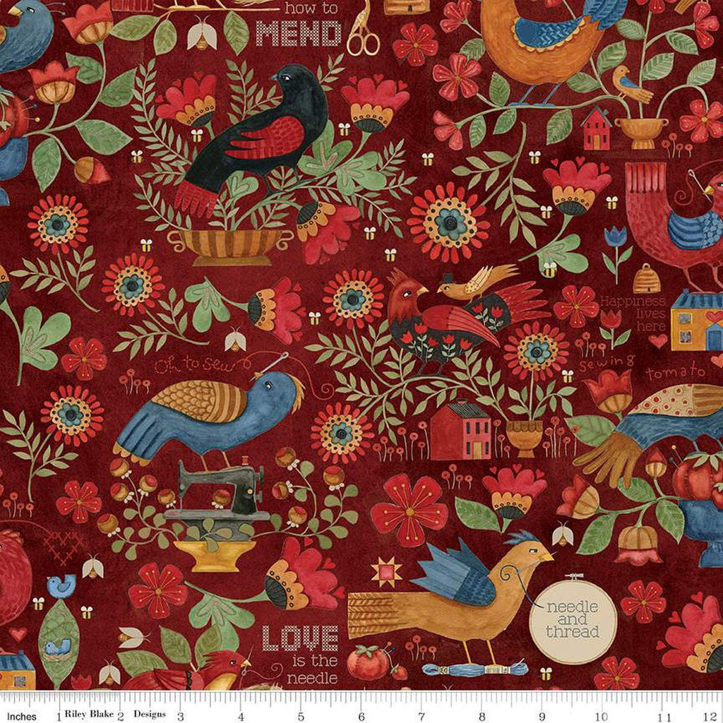 11" End of Bolt - Stitchy Birds Main C12600 Red by Riley Blake - Sewing Flowers Text Houses Beehives Folk Art  - Quilting Cotton Fabric