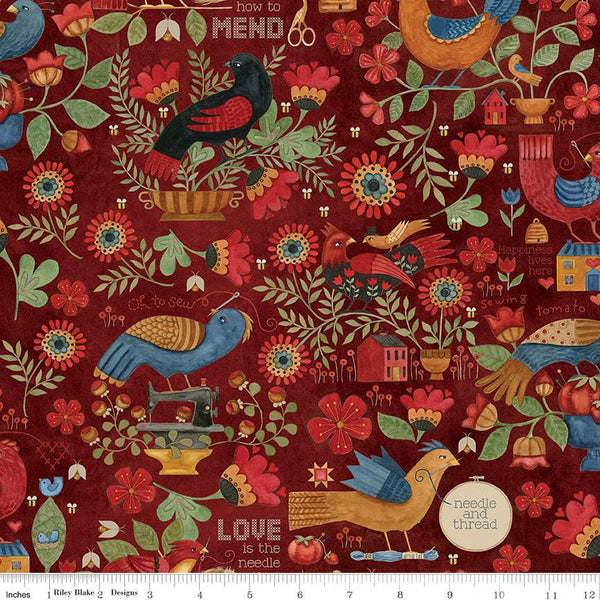 11" End of Bolt - Stitchy Birds Main C12600 Red by Riley Blake - Sewing Flowers Text Houses Beehives Folk Art  - Quilting Cotton Fabric