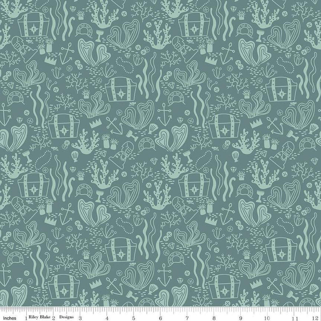 Fat Quarter End of Bolt - Hoist the Sails Treasure C12982 Teal by Riley Blake - Treasure Chests Pirate Tone-on-Tone - Quilting Cotton Fabric