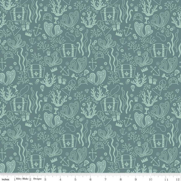 Fat Quarter End of Bolt - Hoist the Sails Treasure C12982 Teal by Riley Blake - Treasure Chests Pirate Tone-on-Tone - Quilting Cotton Fabric
