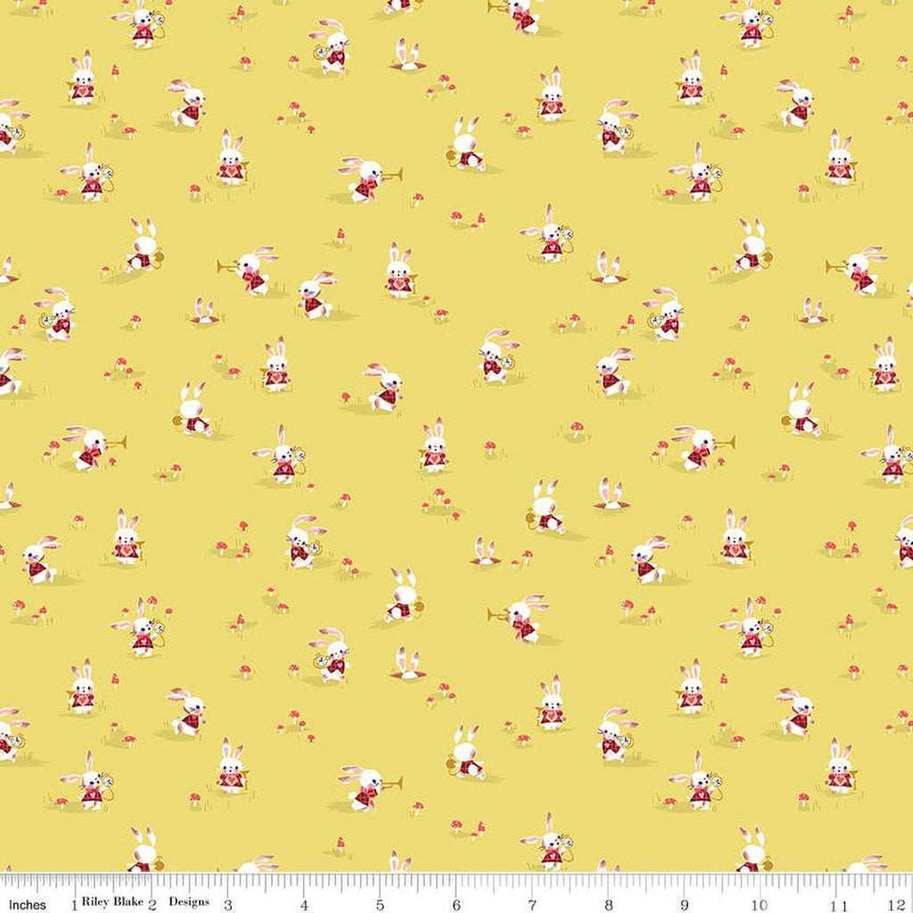 17" End of Bolt - Down the Rabbit Hole Rabbit Chase C12944 Yellow - Riley Blake - Alice in Wonderland White Rabbit - Quilting Cotton Fabric