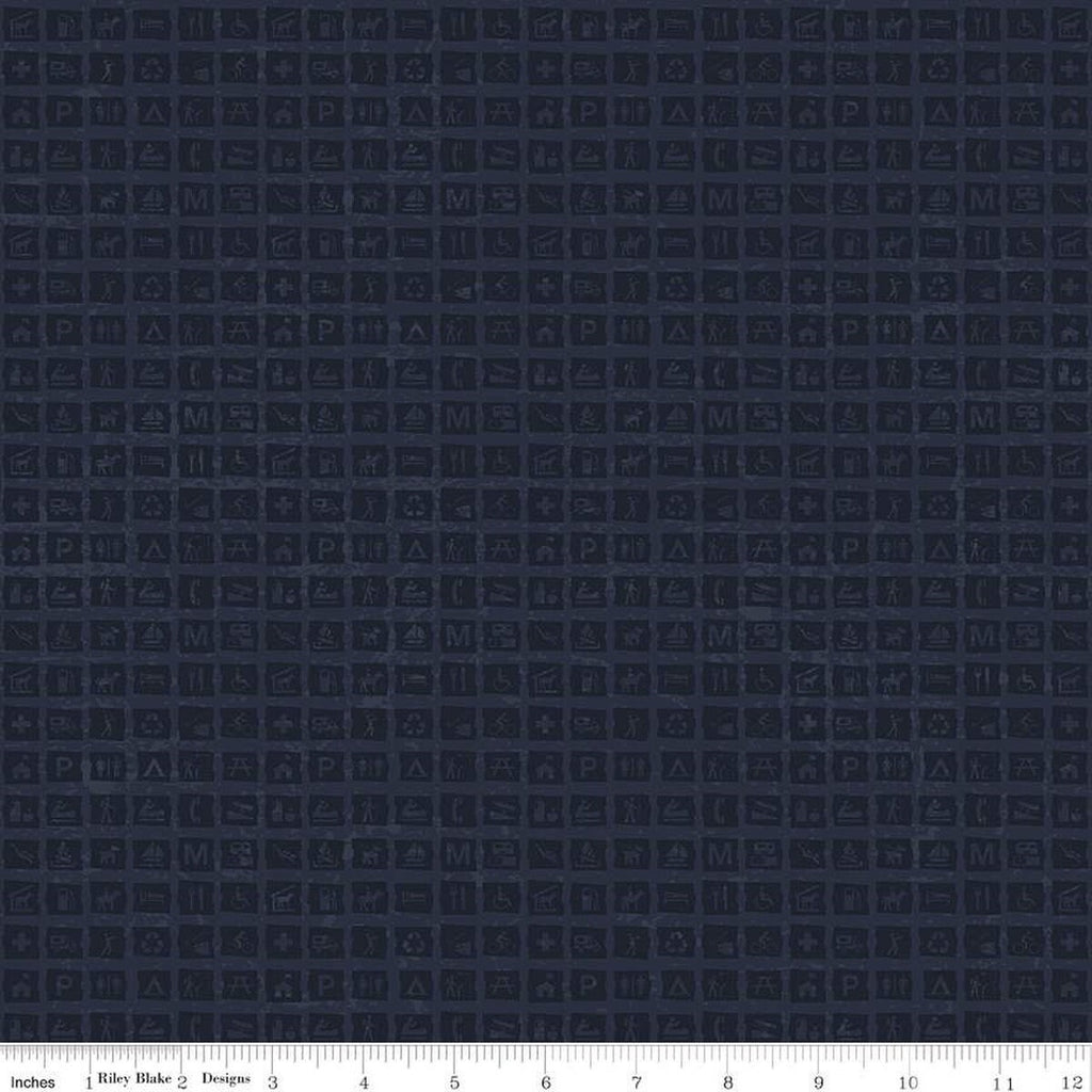 SALE National Parks Signs C13294 Navy - Riley Blake Designs - Outdoors Tone-on-Tone Signs Icons Blue - Quilting Cotton Fabric