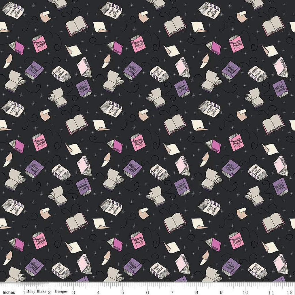 SALE Spooky Schoolhouse Spellbooks SC13203 Charcoal SPARKLE - Riley Blake Designs - Halloween Books Silver SPARKLE - Quilting Cotton Fabric