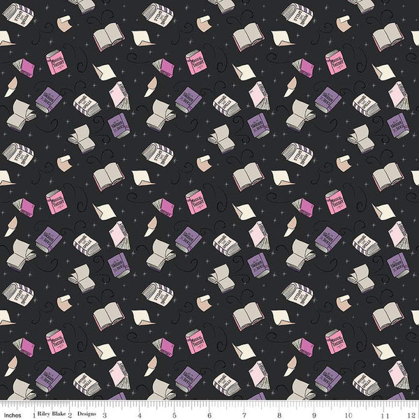 SALE Spooky Schoolhouse Spellbooks SC13203 Charcoal SPARKLE - Riley Blake Designs - Halloween Books Silver SPARKLE - Quilting Cotton Fabric