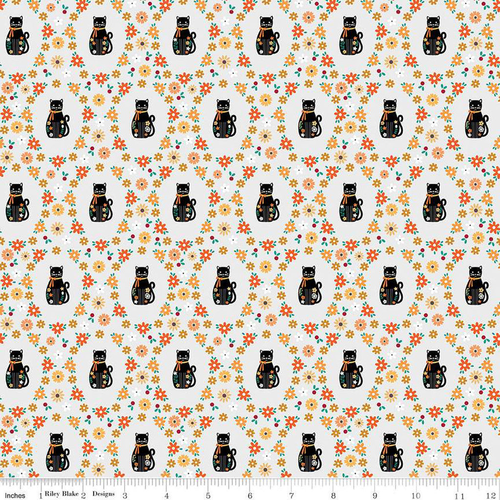 SALE Haunted Adventure Spooky Kitties C13112 Silver - Riley Blake Designs - Halloween Cats Cat Kittens Flowers - Quilting Cotton Fabric