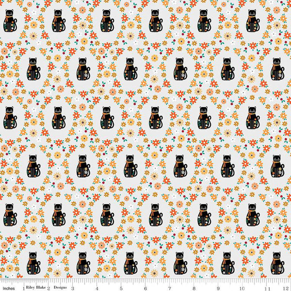 SALE Haunted Adventure Spooky Kitties C13112 Silver - Riley Blake Designs - Halloween Cats Cat Kittens Flowers - Quilting Cotton Fabric