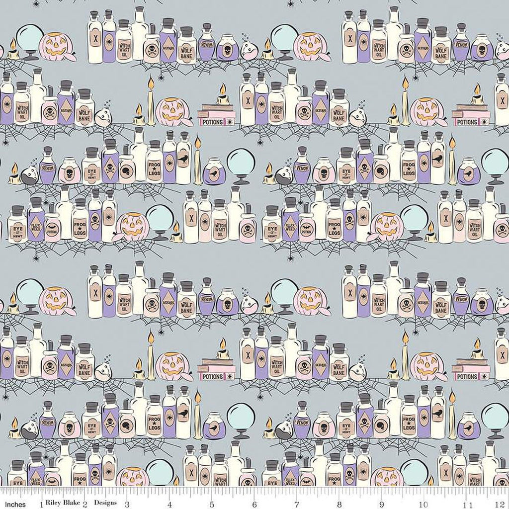 SALE Spooky Schoolhouse Potions Class C13201 Silver - Riley Blake Designs - Halloween Jars Bottles Pumpkins - Quilting Cotton Fabric