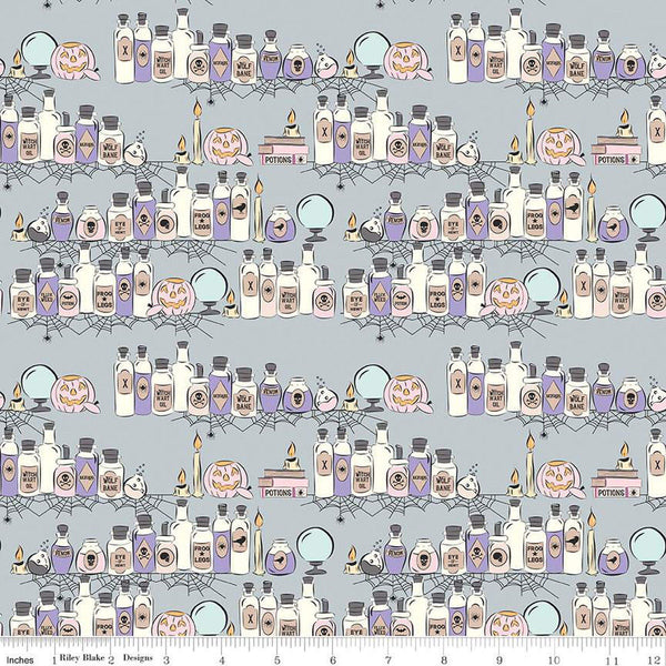 SALE Spooky Schoolhouse Potions Class C13201 Silver - Riley Blake Designs - Halloween Jars Bottles Pumpkins - Quilting Cotton Fabric
