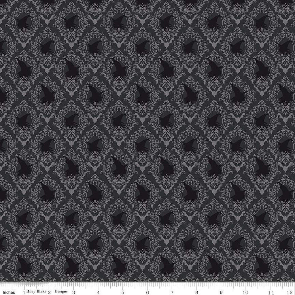 SALE Spooky Schoolhouse Damask C13204 Charcoal - Riley Blake Designs - Halloween Witches Bats - Quilting Cotton Fabric