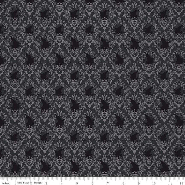 SALE Spooky Schoolhouse Damask C13204 Charcoal - Riley Blake Designs - Halloween Witches Bats - Quilting Cotton Fabric