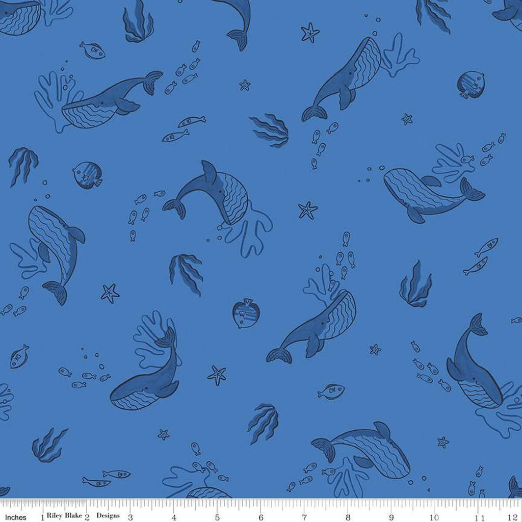 SALE Lost at Sea Whales C13402 Azure - Riley Blake Designs - Sea Life Fish  - Quilting Cotton Fabric