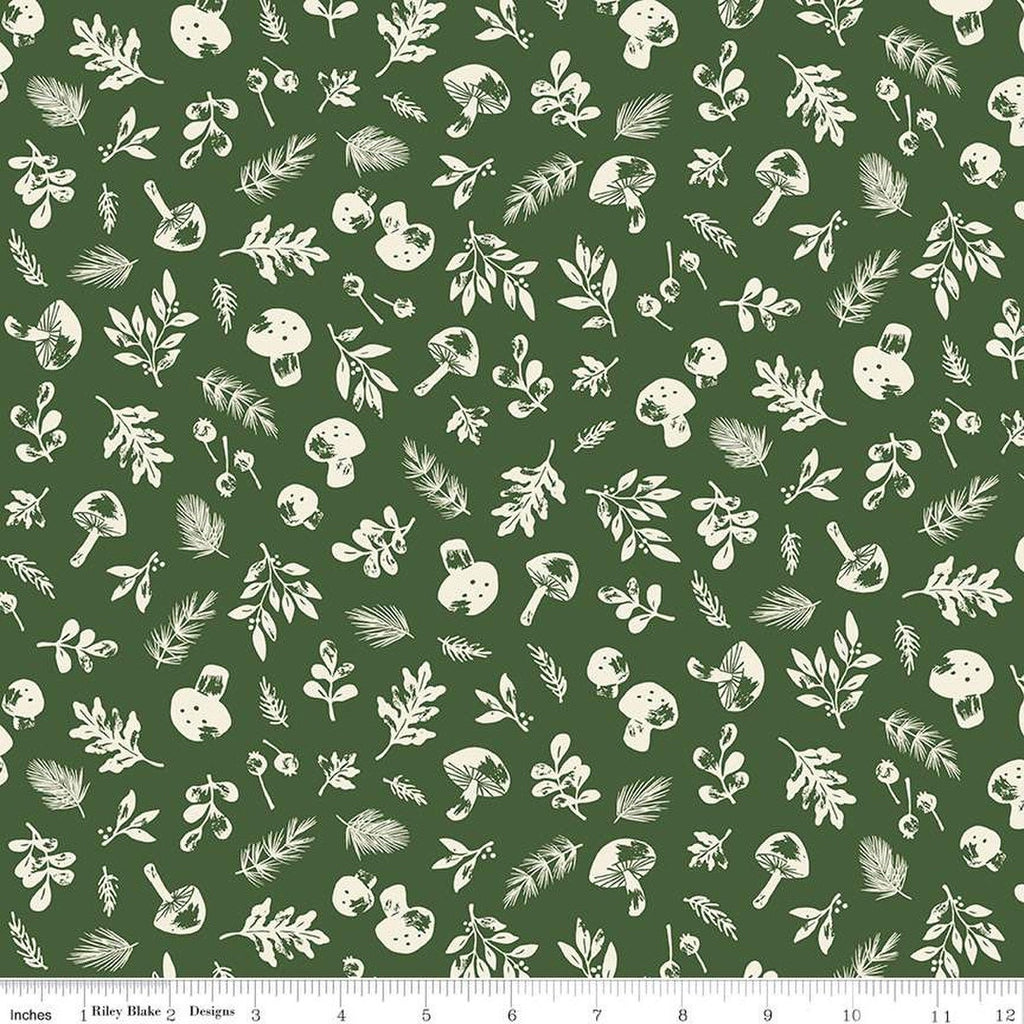 SALE Yuletide Forest Woodland C13542 Green - Riley Blake Designs - Christmas Cream Leaves Mushrooms - Quilting Cotton Fabric