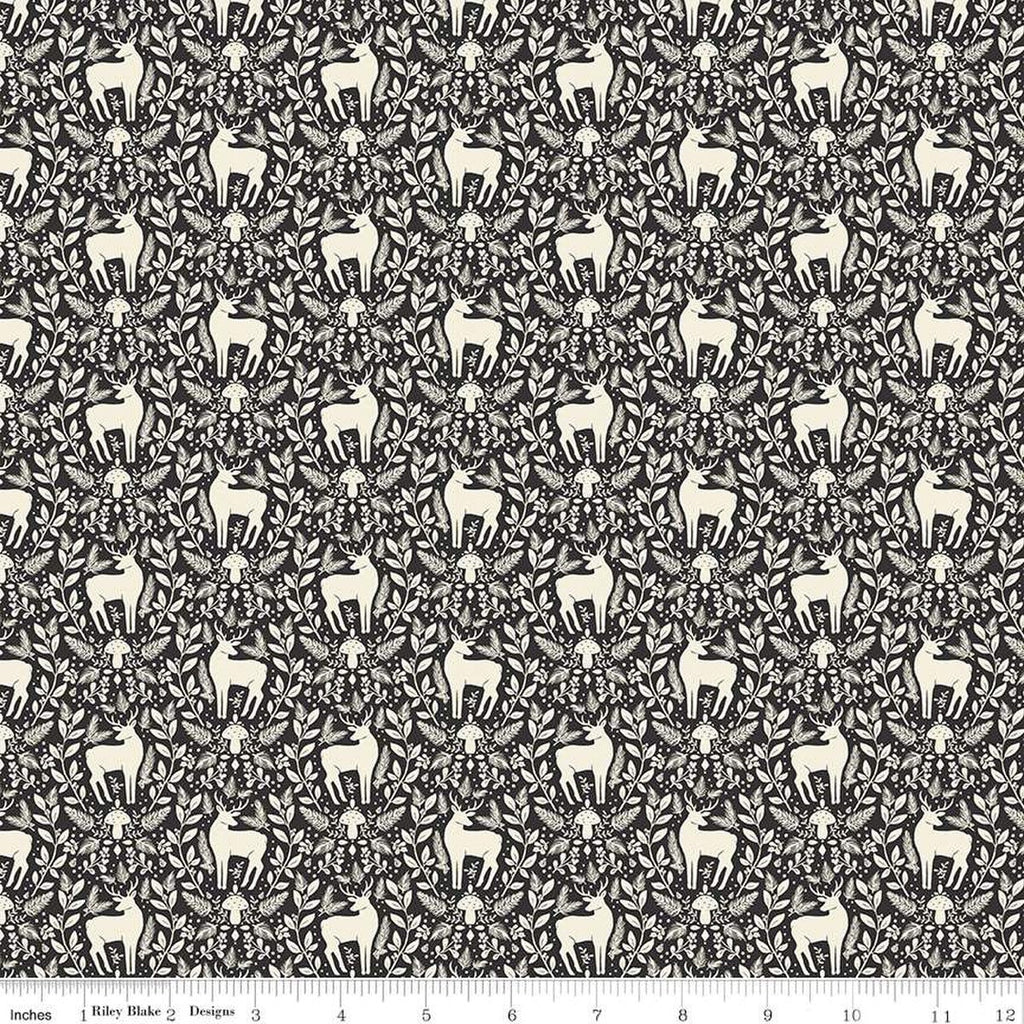 SALE Yuletide Forest Deer Damask C13544 Charcoal - Riley Blake Designs - Christmas Cream Deer Leaves Mushrooms - Quilting Cotton Fabric