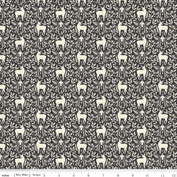 SALE Yuletide Forest Deer Damask C13544 Charcoal - Riley Blake Designs - Christmas Cream Deer Leaves Mushrooms - Quilting Cotton Fabric
