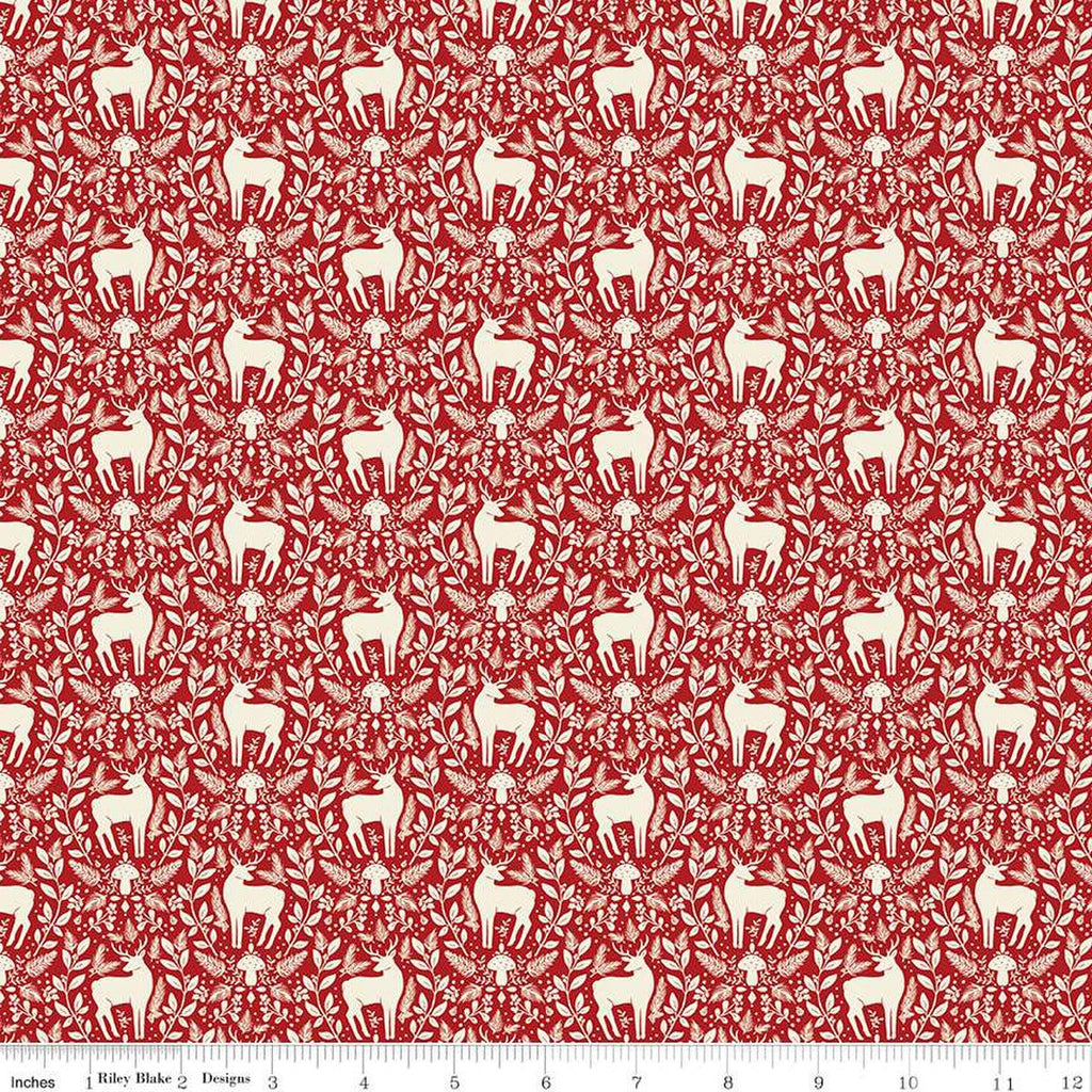 Yuletide Forest Deer Damask C13544 Red - Riley Blake Designs - Christmas Cream Deer Leaves Mushrooms - Quilting Cotton Fabric