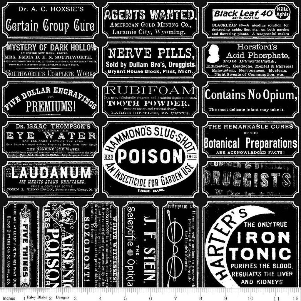 SALE Queen of We'en Apothecary C13166 Black - Riley Blake Designs - Halloween Labels Text - J. Wecker Frisch - Quilting Cotton Fabric