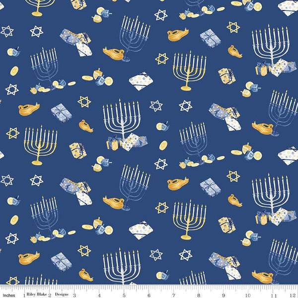 Hanukkah Nights Main C13430 Blue - Riley Blake Designs - Menorahs Gifts Stars of David Dreidels - Quilting Cotton Fabric