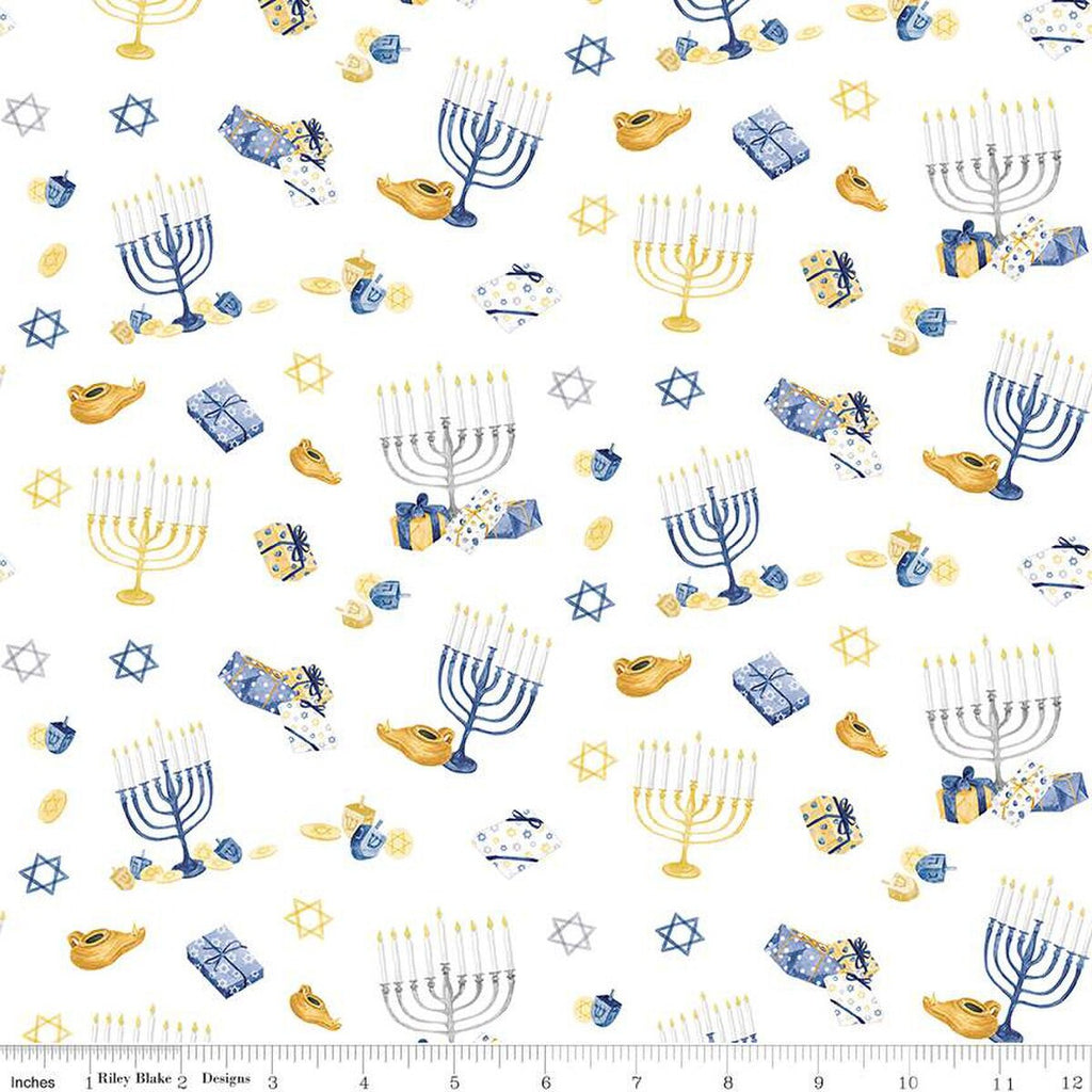 SALE Hanukkah Nights Main C13430 White - Riley Blake Designs - Menorahs Gifts Stars of David Dreidels - Quilting Cotton Fabric