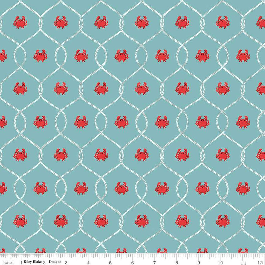 SALE Lost at Sea Happy Crabs C13404 Seafoam - Riley Blake Designs - Nautical Medallions Rope Lines  - Quilting Cotton Fabric