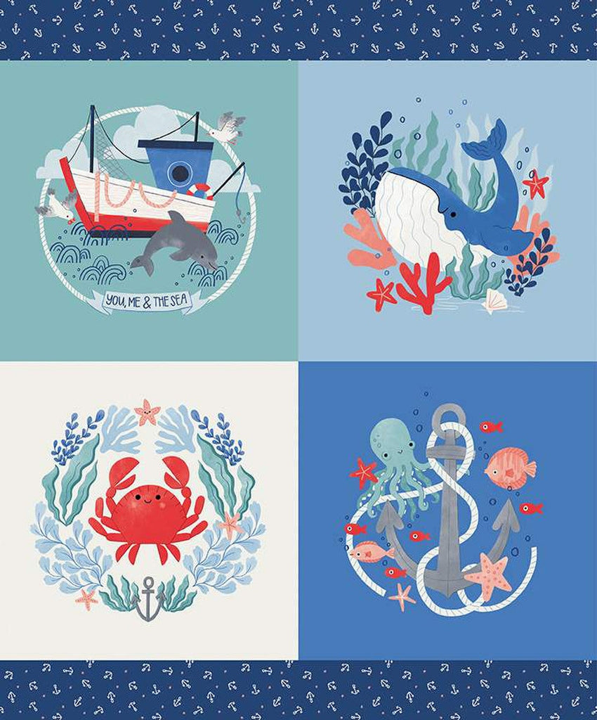 SALE Lost at Sea Panel P13407 by Riley Blake Designs - Nautical Boat Anchor Whale Crab Fish - Quilting Cotton Fabric