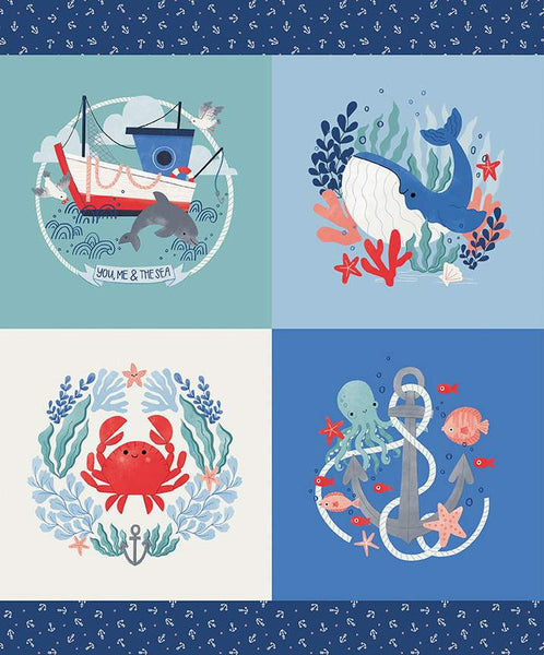 SALE Lost at Sea Panel P13407 by Riley Blake Designs - Nautical Boat Anchor Whale Crab Fish - Quilting Cotton Fabric