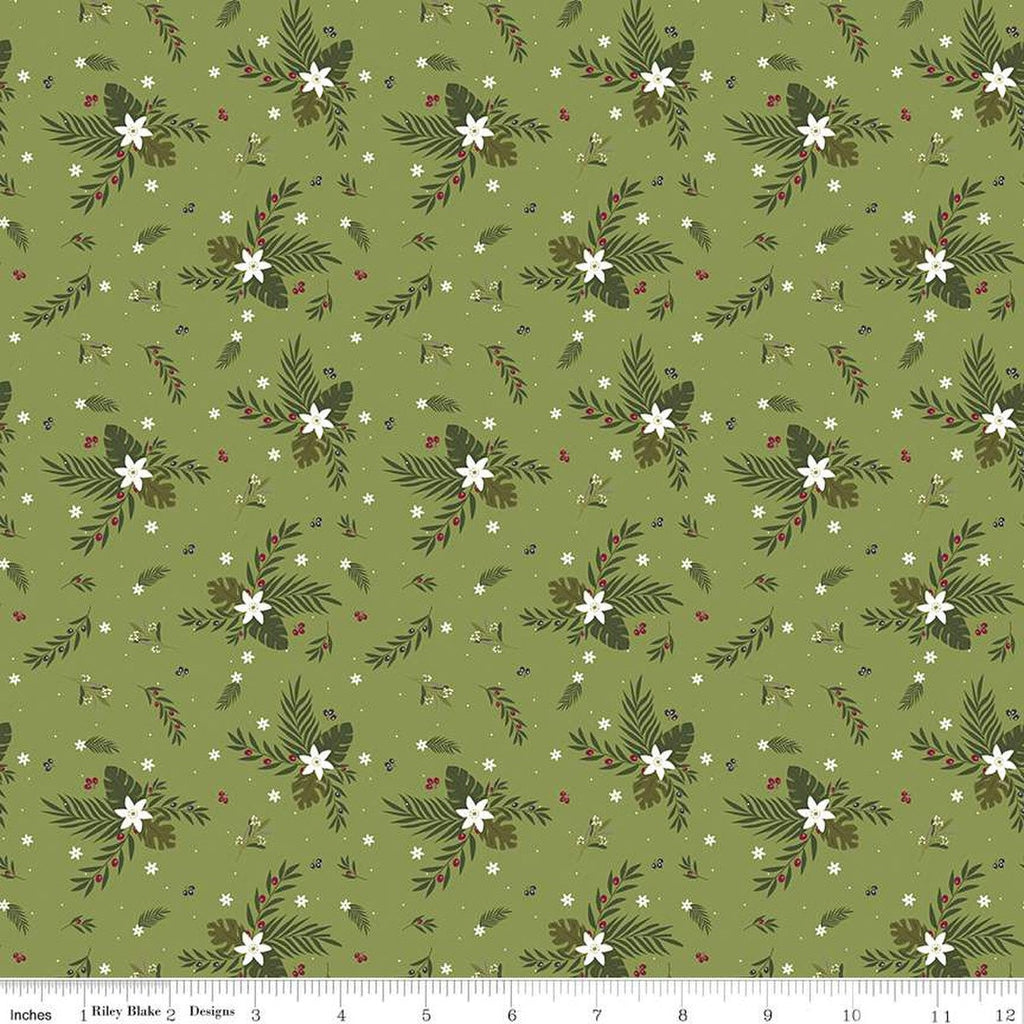 Silent Night Olive Branch SC13572 Olive SPARKLE - Riley Blake Designs - Christmas Flowers Leaves Gold SPARKLE - Quilting Cotton Fabric
