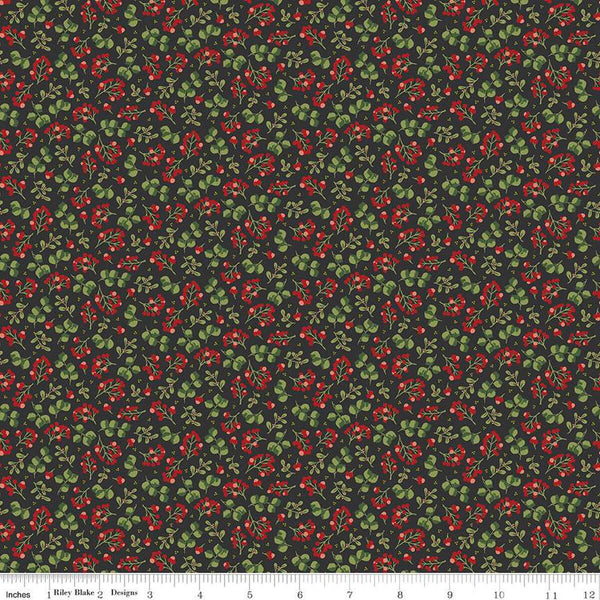 SALE Yuletide Forest Berry Sprigs C13543 Charcoal - Riley Blake Designs - Christmas Leaves Berries - Quilting Cotton Fabric
