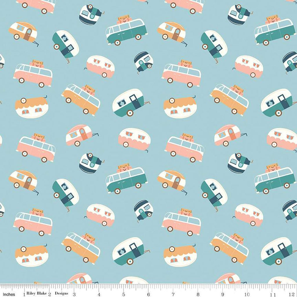 SALE Live, Love, Glamp Trailers Toss C13503 Mist - Riley Blake Designs - Glamping Camping Trailers Vans - Quilting Cotton Fabric