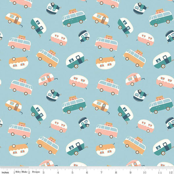 SALE Live, Love, Glamp Trailers Toss C13503 Mist - Riley Blake Designs - Glamping Camping Trailers Vans - Quilting Cotton Fabric