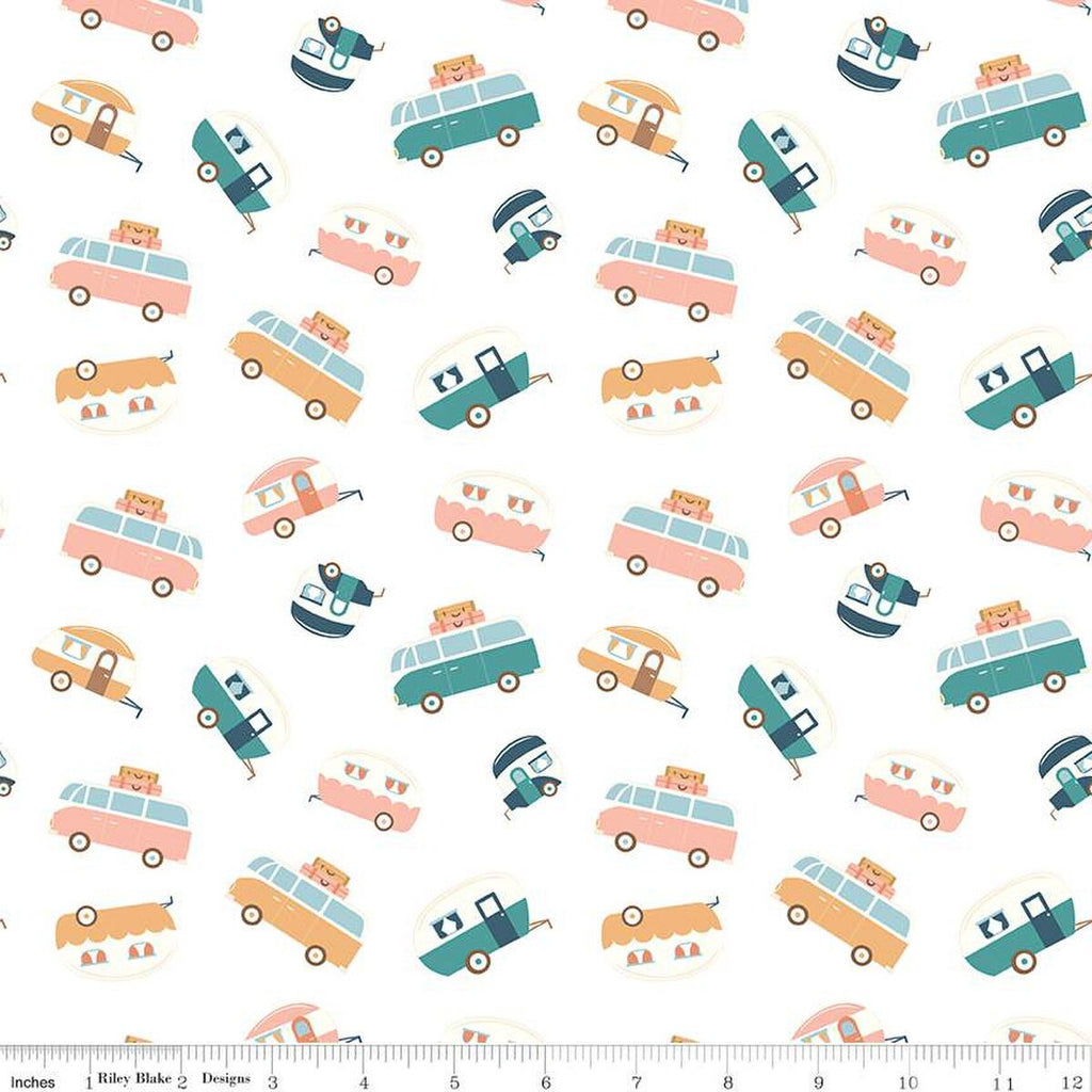SALE Live, Love, Glamp Trailers Toss C13503 White - Riley Blake Designs - Glamping Camping Trailers Vans - Quilting Cotton Fabric