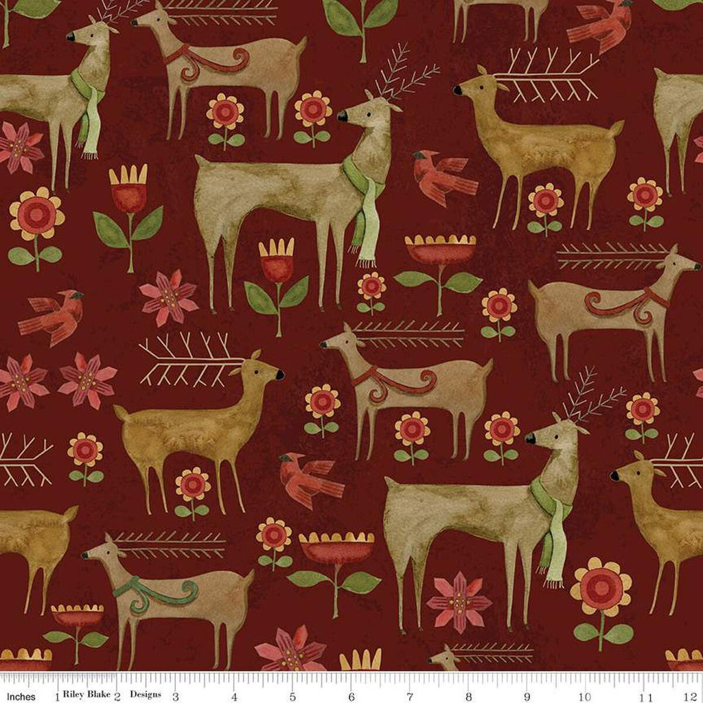 SALE Kringle Garden C13442 Red - Riley Blake - Christmas Folk Art Reindeer Deer Flowers - Quilting Cotton Fabric
