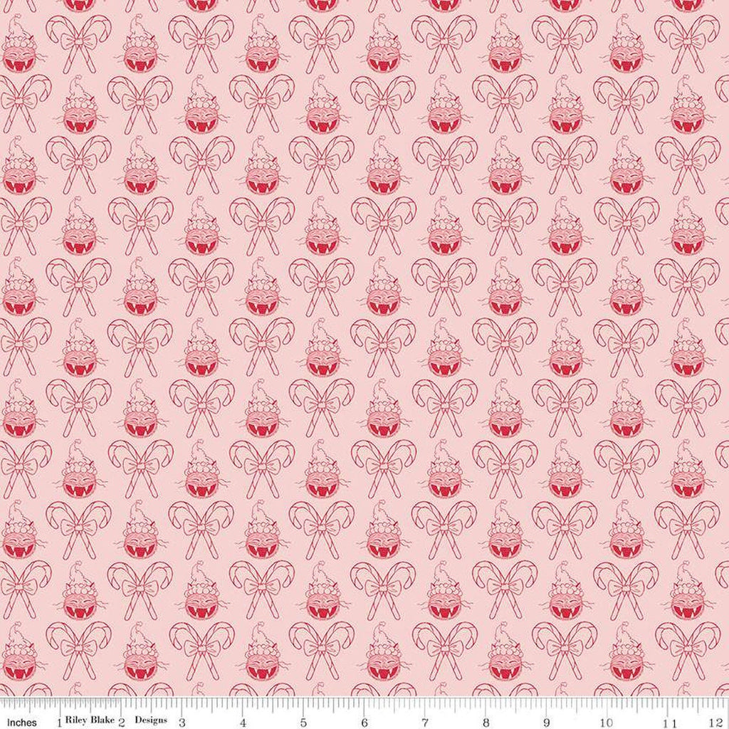 Christmas with Scaredy Cat Cat and Canes C13534 Pink - Riley Blake Designs - Santa Hats Candy Canes - Quilting Cotton Fabric