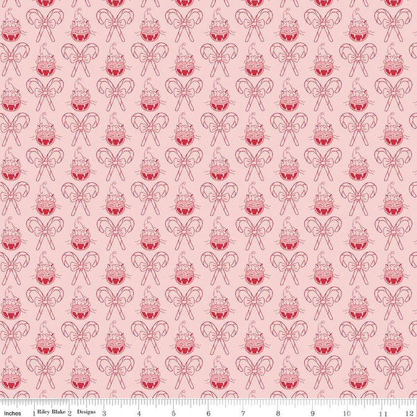 Christmas with Scaredy Cat Cat and Canes C13534 Pink - Riley Blake Designs - Santa Hats Candy Canes - Quilting Cotton Fabric